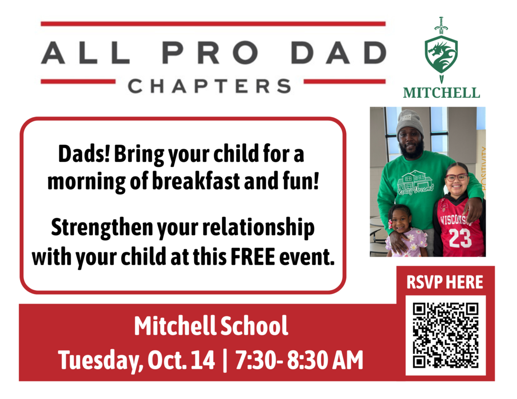 All Pro Dad Chapters: Mitchell, Dads! Bring your child for a morning of breakfast and fun! Strengthen your relationship with your child at this free event. Mitchell, Tuesday Oct 14 - 7:30am-8:30am. RSVP here: https://allprodadchapters.com/chapters/15720