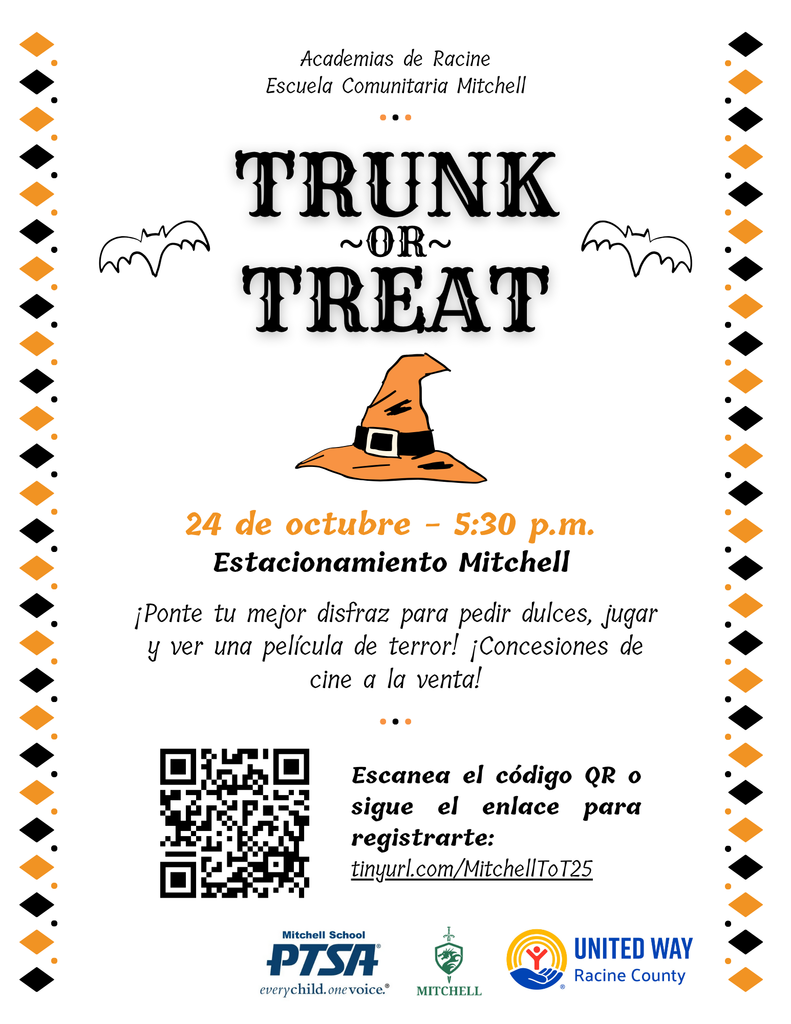 Trunk or Treat - 24 de octubre - 5:30pm. Estacionamiento Mitchell. Ponte tu mejor disfraz para pedir dulces, jugar y ver una pelicula de terror! Concesiones de cine a la venta! Escanea el codigo QR o sigue el enlace para registrarte: tinyurl.com/MitchellToT25