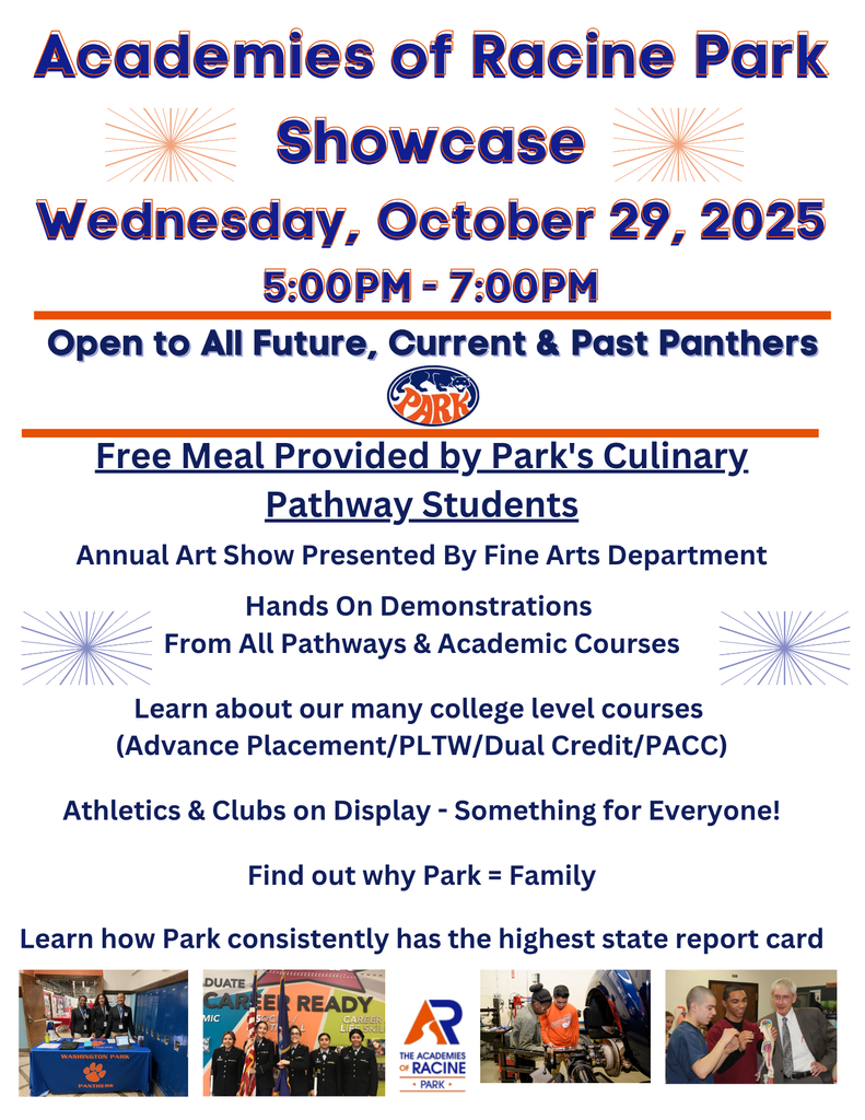 Mark you calendars and get ready for the Park Showcase on Wednesday, October 29th from 5-7pm.  This will be open to all but a great opportunity for middle school families to see why park is the best choice for high school.  We will have dinner provided for all that show and you will feel why everyone is #family 🧡🐾💙#PantherPride #onthehunt #letseat #collegeandcareerready
