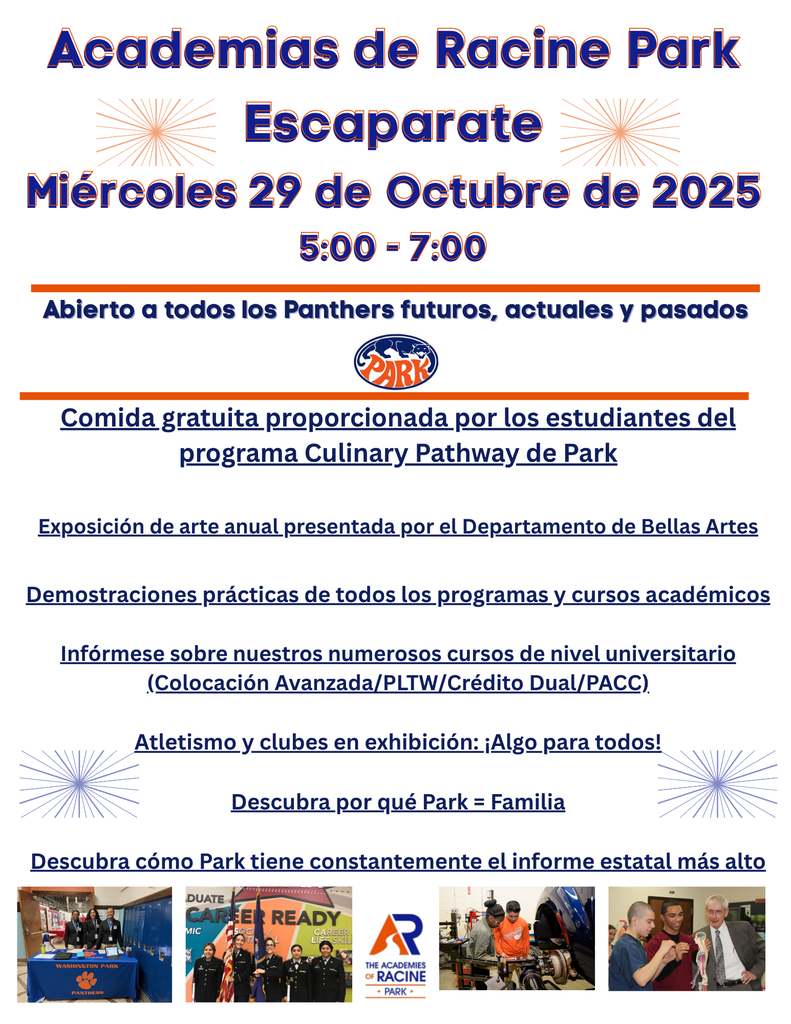 Mark you calendars and get ready for the Park Showcase on Wednesday, October 29th from 5-7pm.  This will be open to all but a great opportunity for middle school families to see why park is the best choice for high school.  We will have dinner provided for all that show and you will feel why everyone is #family 🧡🐾💙#PantherPride #onthehunt #letseat #collegeandcareerready