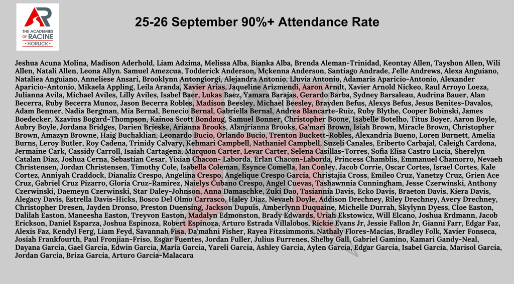 Horlick High School 90%+ attendance rate for September 2025