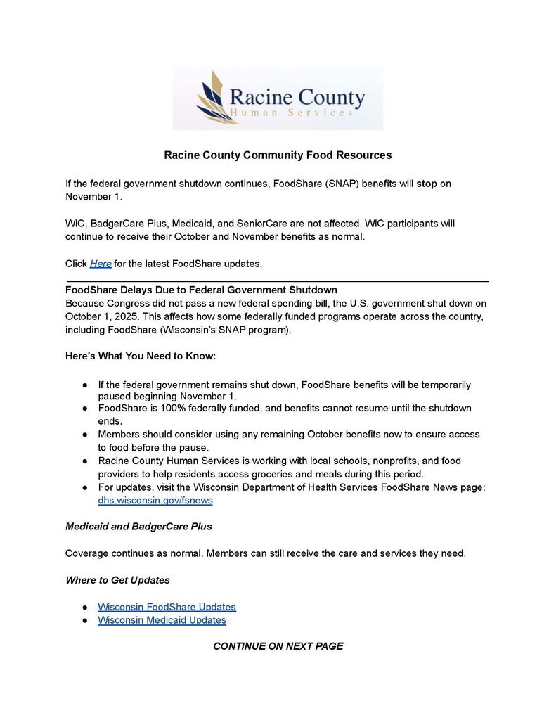 Racine County Food Pantry options