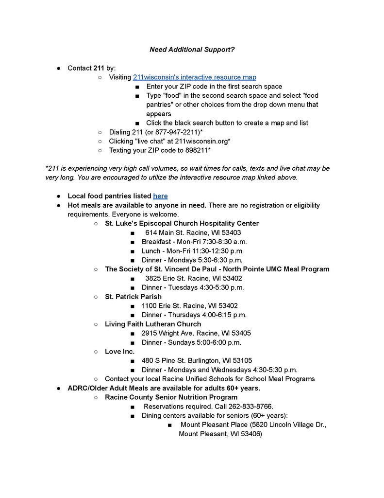 Racine County Food Pantry options