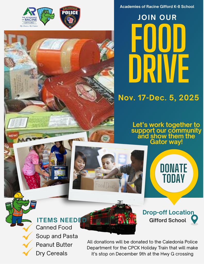 poster of food being donated and placed in boxes, includes a picture of the holiday train and Clifford the Gifford Gator