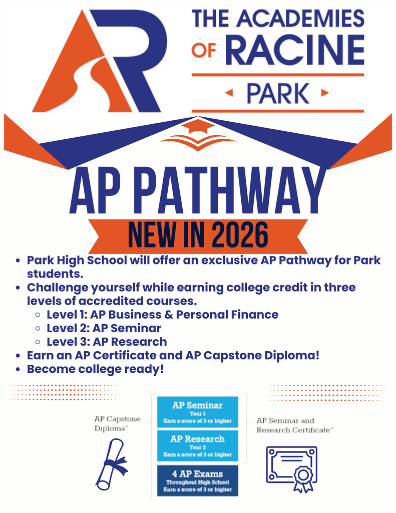 🚨🚨Special Announcement 🚨🚨 Park will be introducing an AP Pathway starting next year! This will be exclusive to Park students! Great way to earn college credit, an AP Capstone Diploma and demonstrate to all universities that you are college ready!! #onthehunt #letseat #collegeandcareerready Come be part of our Panther Family! 🧡💙 Please reach out william.omalley@rusd.org or 262-619-4403 to set up a tour!