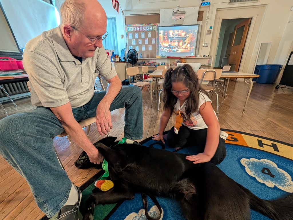 A female student rubs Pepper's side while Pepper relaxes on the floor.