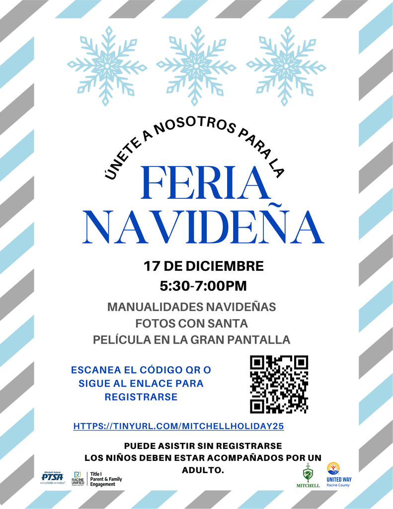 únete a nosotros para la feria navideña. 17 de diciembre 5:30-7pm. manualidades navideñas, fotos cone santa, película en la gran pantalla. Escanea el código QR o sigue al enlace para registrarse. https://tinyurl.com/MitchellHoliday25. Puede asistir sin registrarse. Los niños deben estar acompañados por un adulto.