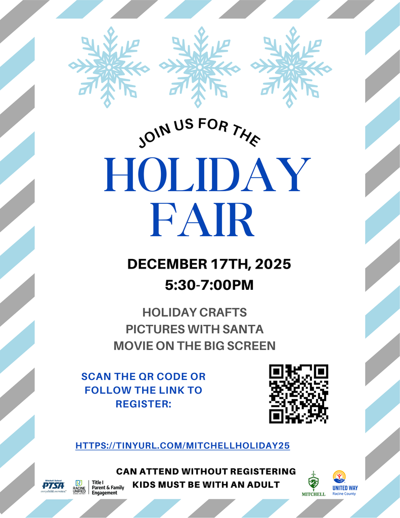 Join us for the Holiday Fair. December 17th, 5:30pm-7pm. Holiday Crafts, Pictures with santa, movie on the big screen. Scan the QR code of follow the link to register: https://tinyurl.com/MitchellHoliday25. Can attend without registering. Kids must be with an adult.