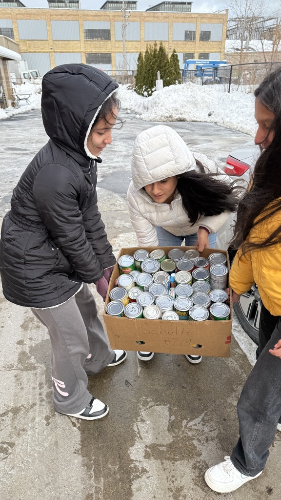 Three female Mitchell students work together to carry a box of food to the Racine County Food Bank.