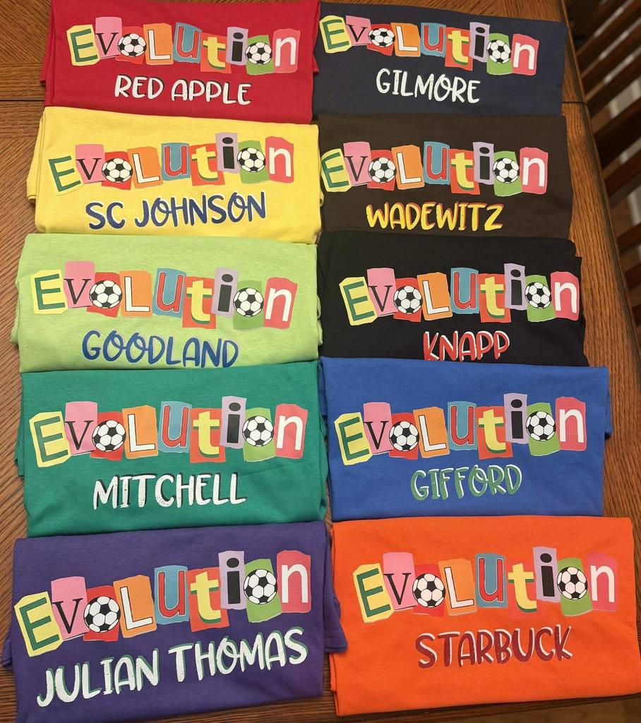 Ten colorful t-shrits, one for each of the our schools in the Evolution Soccer League.
