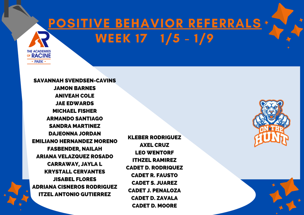 Great job to these Panthers in the first week back from winter break!! Each earned a positive behavior referral from a staff member!! #PantherPride #onthehunt #letseat 