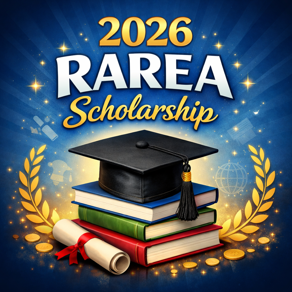 2026 Racine Area Retired Educators Association Scholarship graphic. A graduation cap sits on top of a stack of books, with rolled diploma next to it.