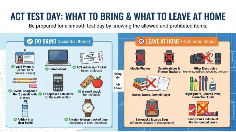 ACT Test Day: What to Bring and what to leave at home: Be prepared for a smooth test day by knowing the allowed and prohibitied items.  You should bring a Valid Photo ID, a Chromebook, your ACT Admission Ticket, several No. 2 sharpened pencils, an approved calculator, a small snack for during the break,  an analog watch to keep track of time. 
