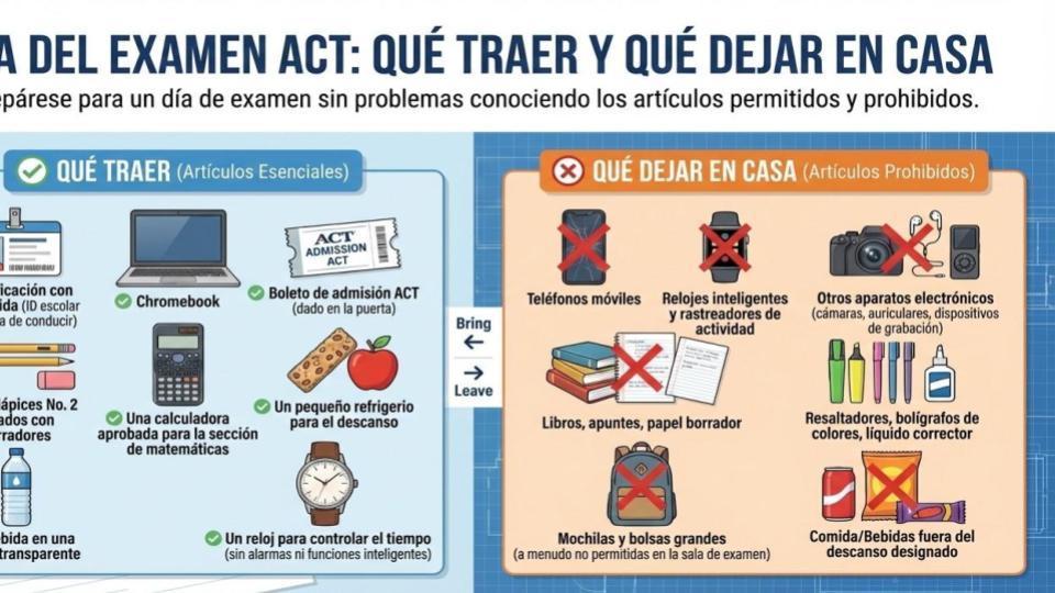 ACT Test Day: What to Bring and what to leave at home: Be prepared for a smooth test day by knowing the allowed and prohibitied items.  You should bring a Valid Photo ID, a Chromebook, your ACT Admission Ticket, several No. 2 sharpened pencils, an approved calculator, a small snack for during the break,  an analog watch to keep track of time. 