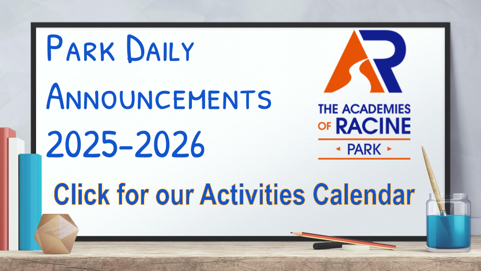 Students & Families can check out our new and improved Park Daily Annoucnments anytime!!! https://docs.google.com/presentation/d/e/2PACX-1vR2sM3DXCJdVjQuxv-YxhitlmtYNPqSASLDTeigEw_efOxBYtXrZ1ASjhQ3h6xSPOOicEC4Vwp6txC1/pub?start=false&loop=false&delayms=3000