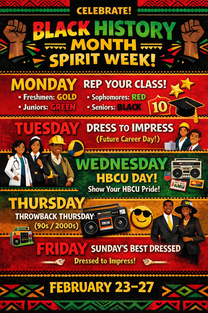 Park's BSU is sponsoring a Black History Month Spirit Week Febraury 23-27th! #schoolspirit #PantherPride