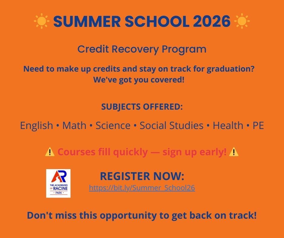 ☀️ High School Summer School for credit recovery runs June 23–July 30 at Park HS. 📚 English, Math, Science, Social Studies, Health & PE ⚠️ Courses fill fast — register early! https://bit.ly/Summer_School26   