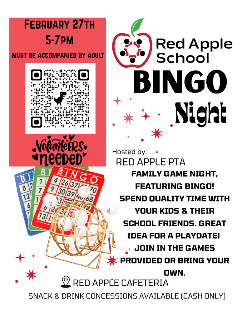 Red Apple PTA is hosting Game Night on Friday, February 27 from 5-7 pm.