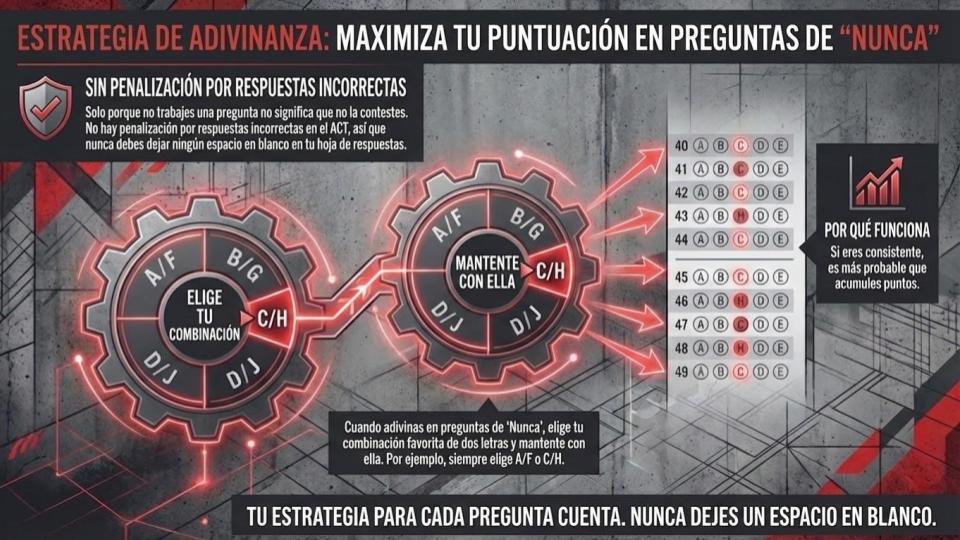 Guessing Strategy for ACT testing because it is best to not leave any answers blank. Just because you don't work a question, doesn't mean you don't answer it. There is no penalty for wrong answers on the ACT. So, you should never leave any blanks on your answer sheet. Pick one letter and answer all questions that you don't have time to complete with that letter.