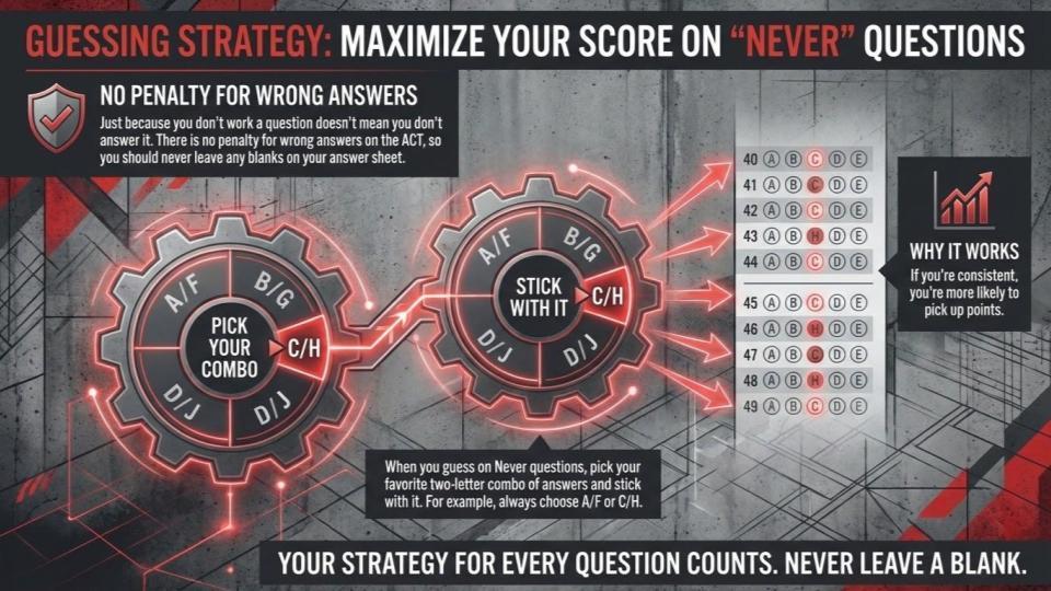 Guessing Strategy for ACT testing because it is best to not leave any answers blank. Just because you don't work a question, doesn't mean you don't answer it. There is no penalty for wrong answers on the ACT. So, you should never leave any blanks on your answer sheet. Pick one letter and answer all questions that you don't have time to complete with that letter.