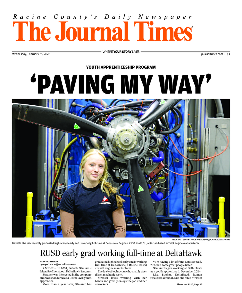 Screenshot of the article that was featured on the front page of The Journal Times. It features a youth apprentice standing in front of an aircraft engine.