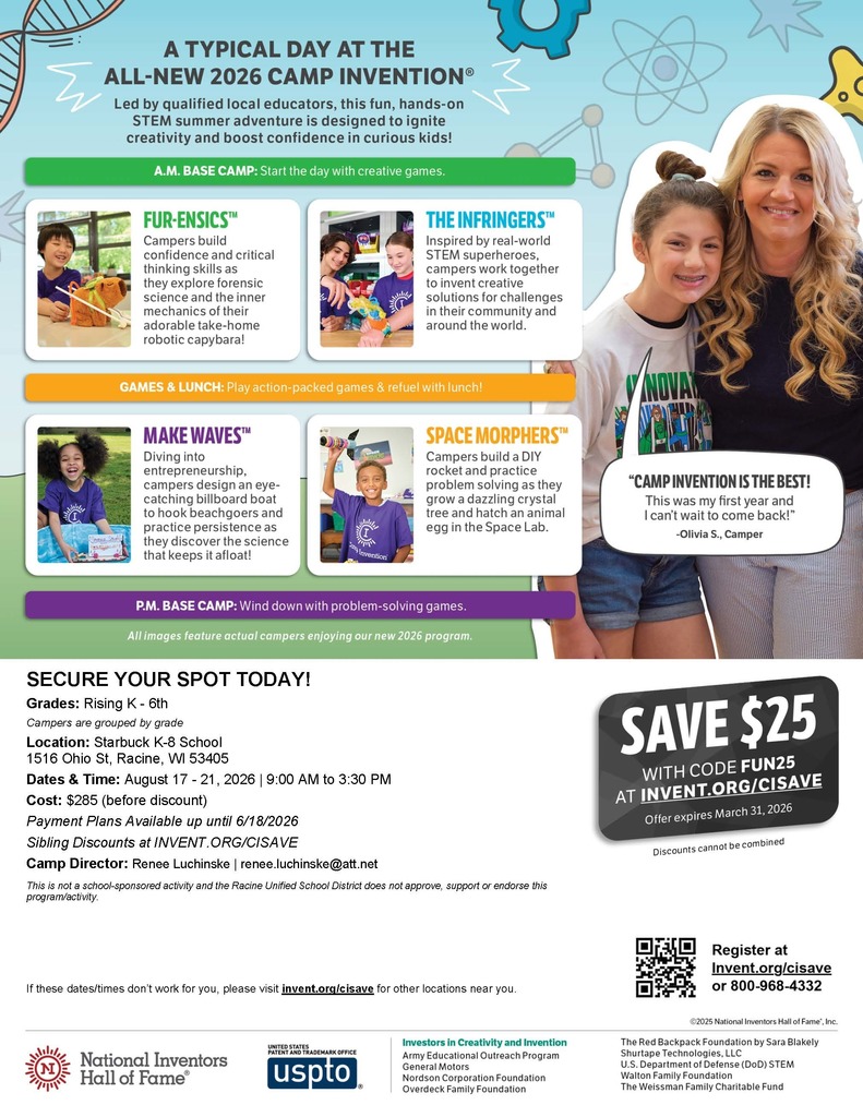 Camp Invention Flyer - page 2. Picture of kids doing STEM related activities. Information on time, place, cost, etc.