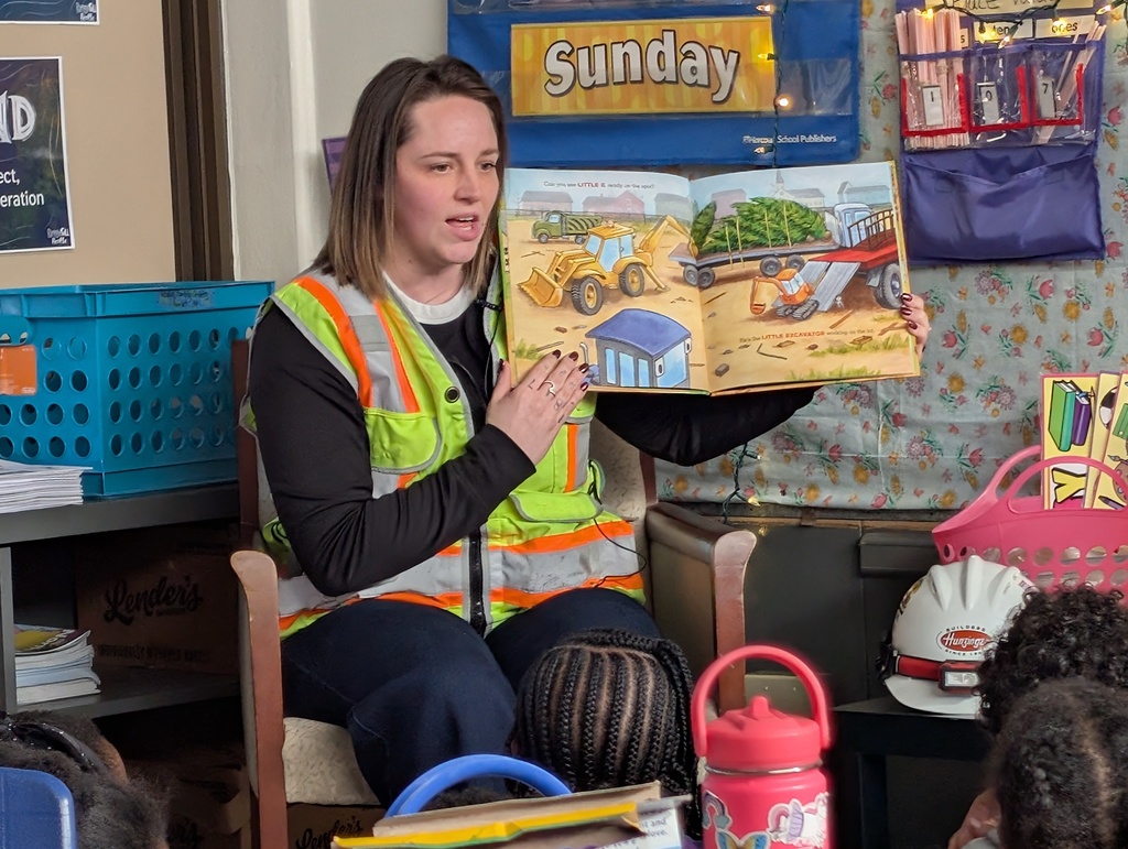 Meagan DeGroot, of Hunzinger Construction, visiting classrooms at Goodland Montessori and SC Johnson Elementary for National Women in Construction Week.