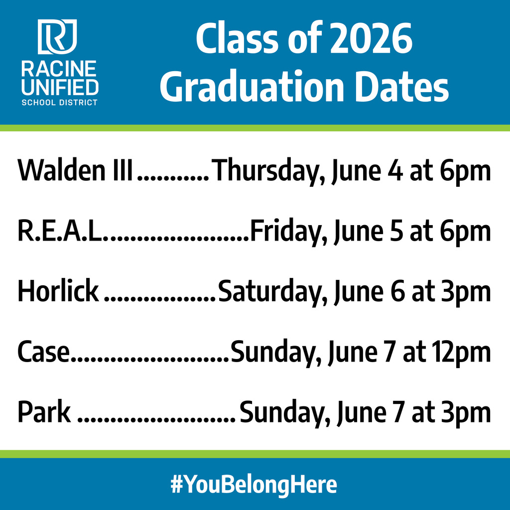 Graduation dates and times. Walden III Thursday, June 4 at 6pm. R.E.A.L. ,Friday, June 5 at 6pm. Horlick, Saturday, June 6 at 3pm. Case, Sunday, June 7 at 12pm. Park Sunday, June 7 at 3pm