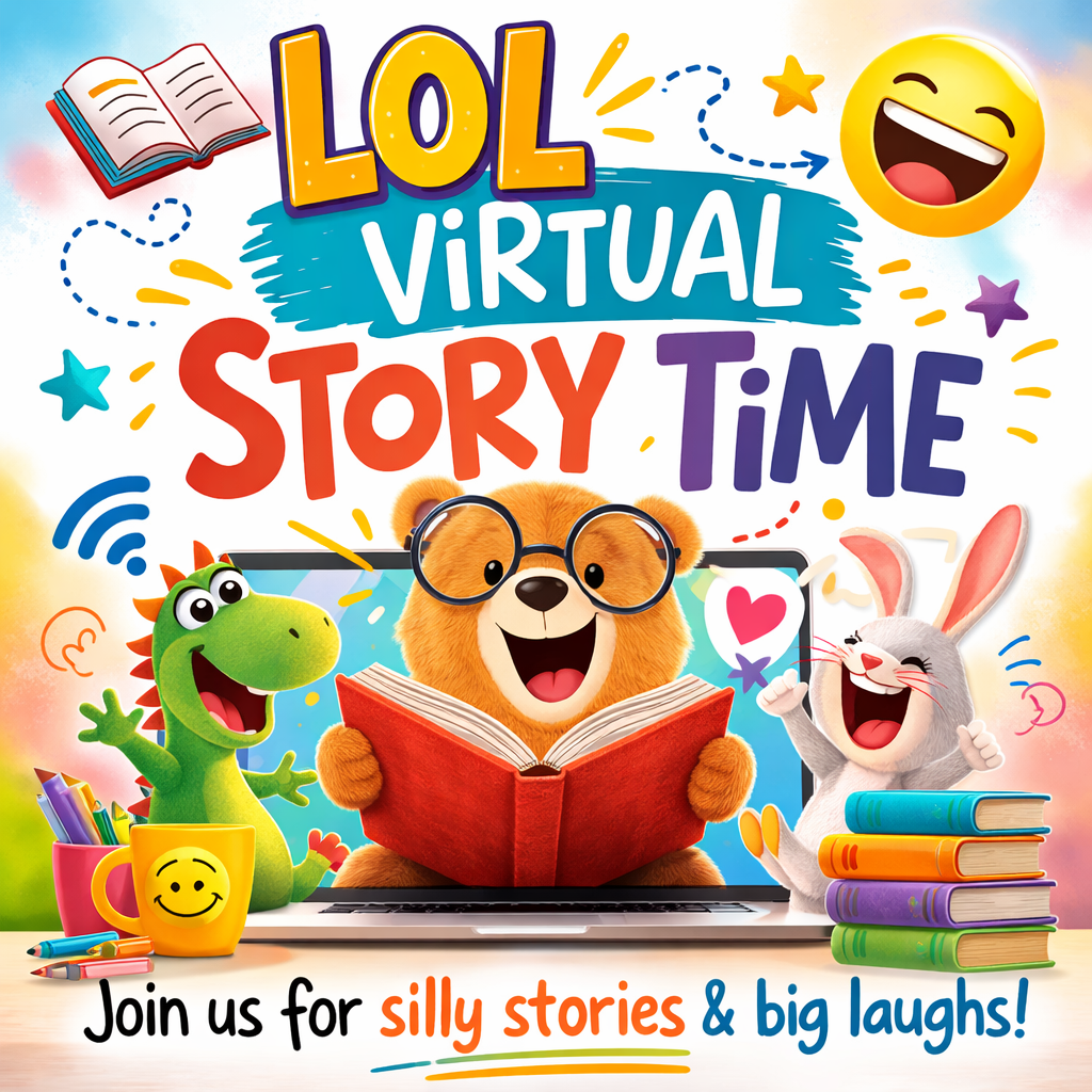 Laughing bear, rabbit, and dinosaur reading a funny book.