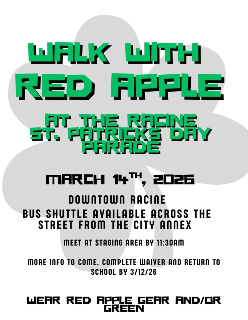 Grey Clover with green witing stating walk with Red Apple in the St. Patrick's Day Parade March 14th, Downtown Racine