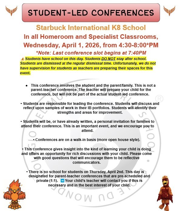 This is a flyer that shares information about our upcoming student led conferences. They will be held after school on Wed., April 1st from 4:30-8:00 PM. The last slot is 7:40 since the conferences end at 8PM.