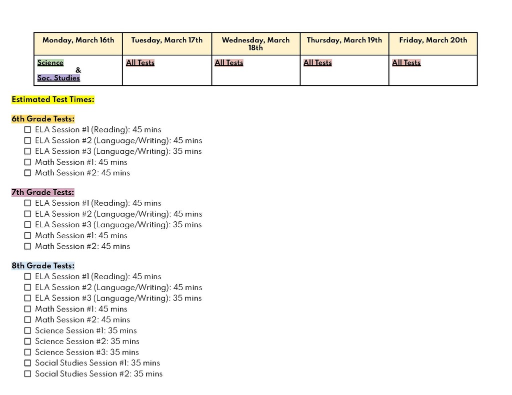 Middle School Tests English