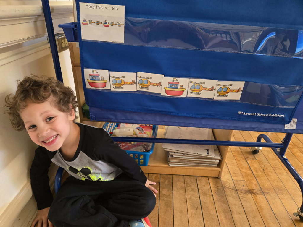 4K student practicing patterning using boats and helicopters.