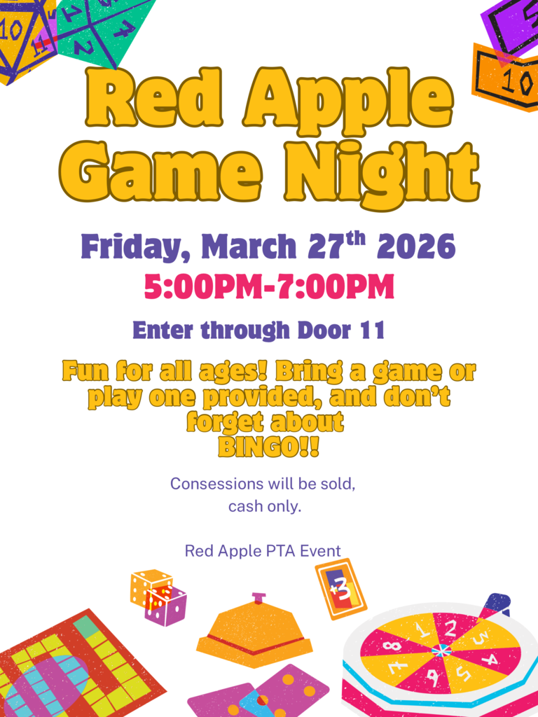 PTA is sponsoring a Game Night on Friday, March 27th from 5:00 - 7:00 pm