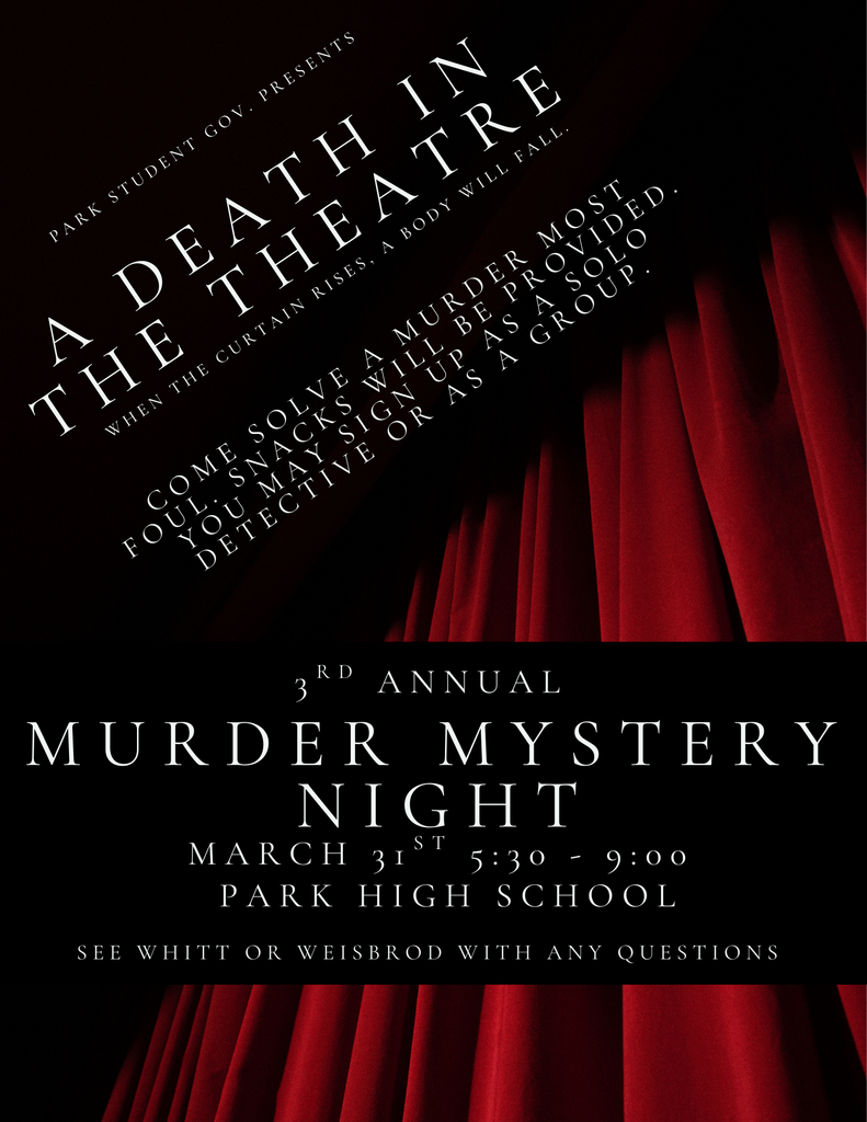 Next Tuesday, March 31st, is our 3rd annual Murder Mystery Night. Participants are given a murder scenario and a dossier of evidence and they spend 3 hours interviewing suspects and solving clues to figure out whodunnit! It is always a fun time and it is a catered event. 