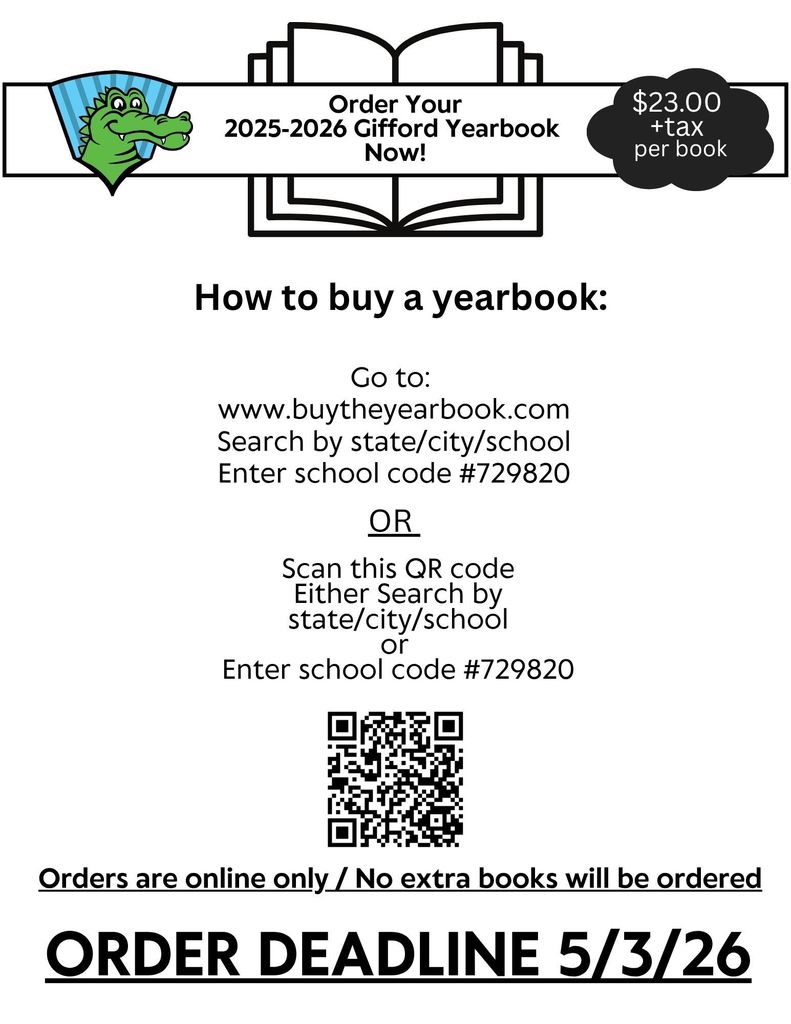 Gator picture on top with directions for ordering a yearbook, including a QR code