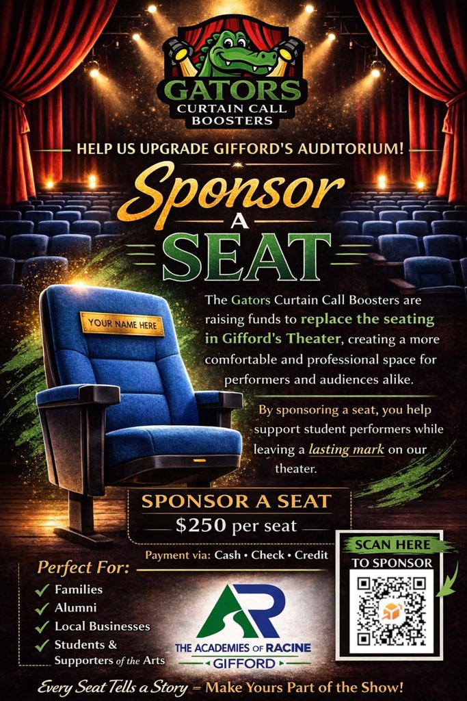 flyer with dark background and auditorium seat, asking for sponsors for $250 per seat, fundraiser