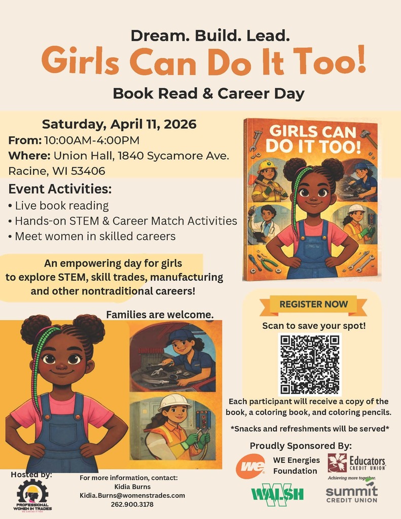 pale background, 2 girls on the poster april 11th book read and career day