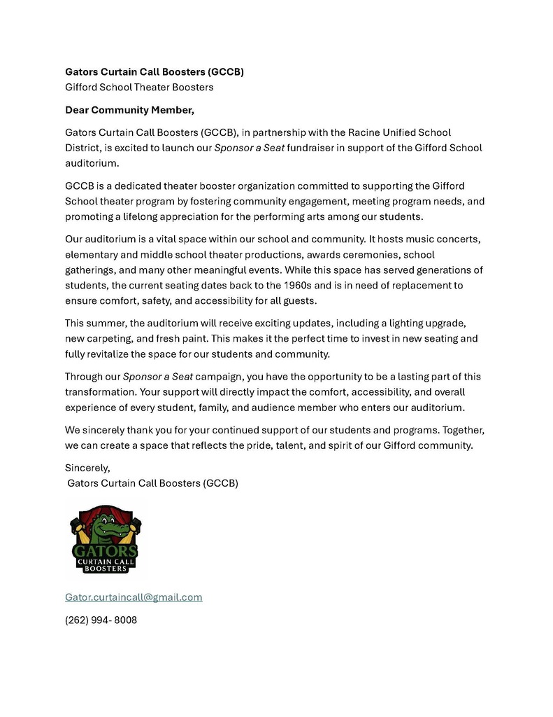 General cover letter from gator curtain call information for seating in the auditorium