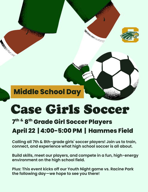 Green background with occer player legs kicking a ball advertisinf April 22nd soccer event at case