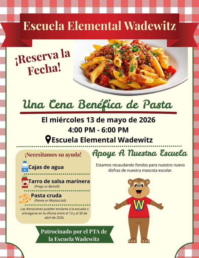 Spanish version about or Pasta dinner which is held on May 13th from 4-6. 