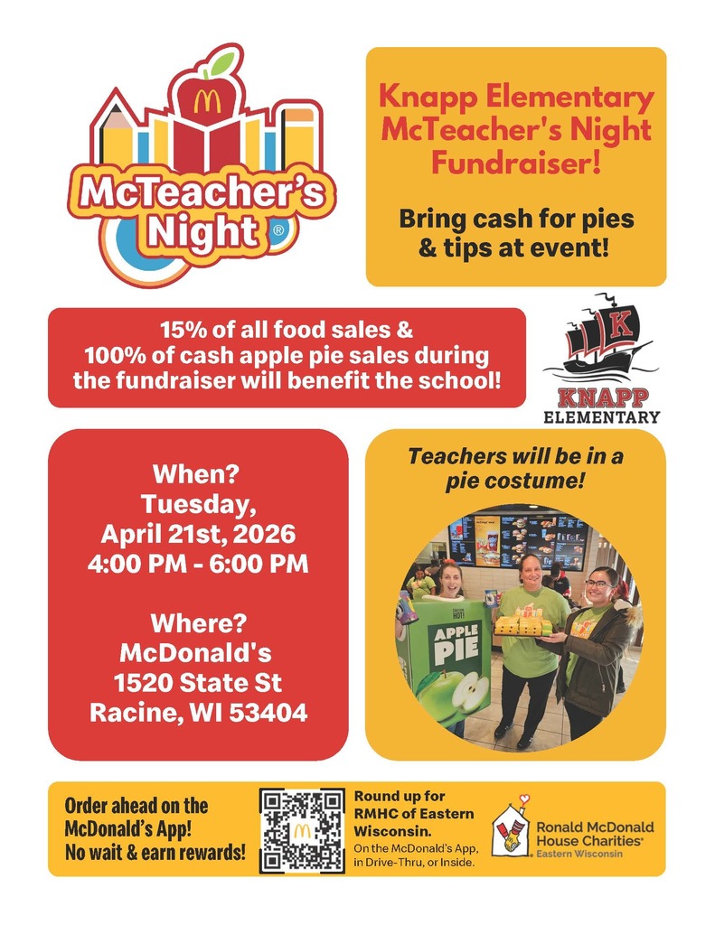 Flyer for McTeacher Night. Tuesday April 21st from 4pm - 6pm. Come support our school!