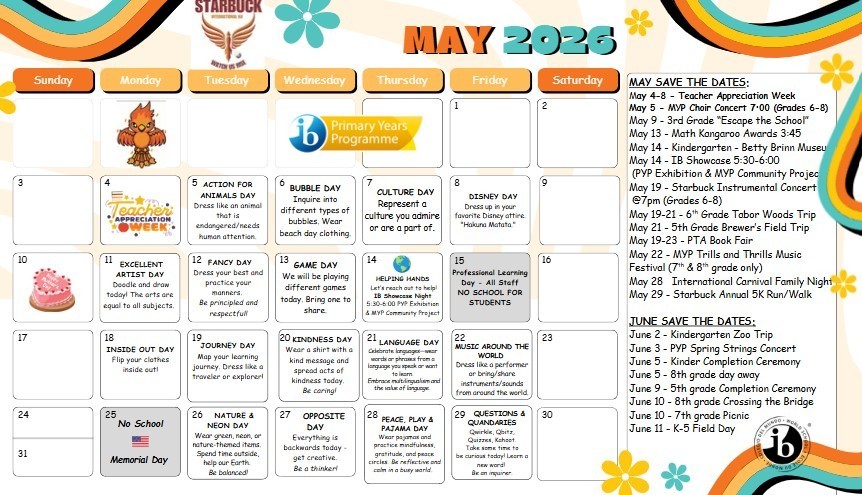 This is a flyer that shares information about our upcoming end of the year school spirit dress up days with each representing a letter from A-Z.