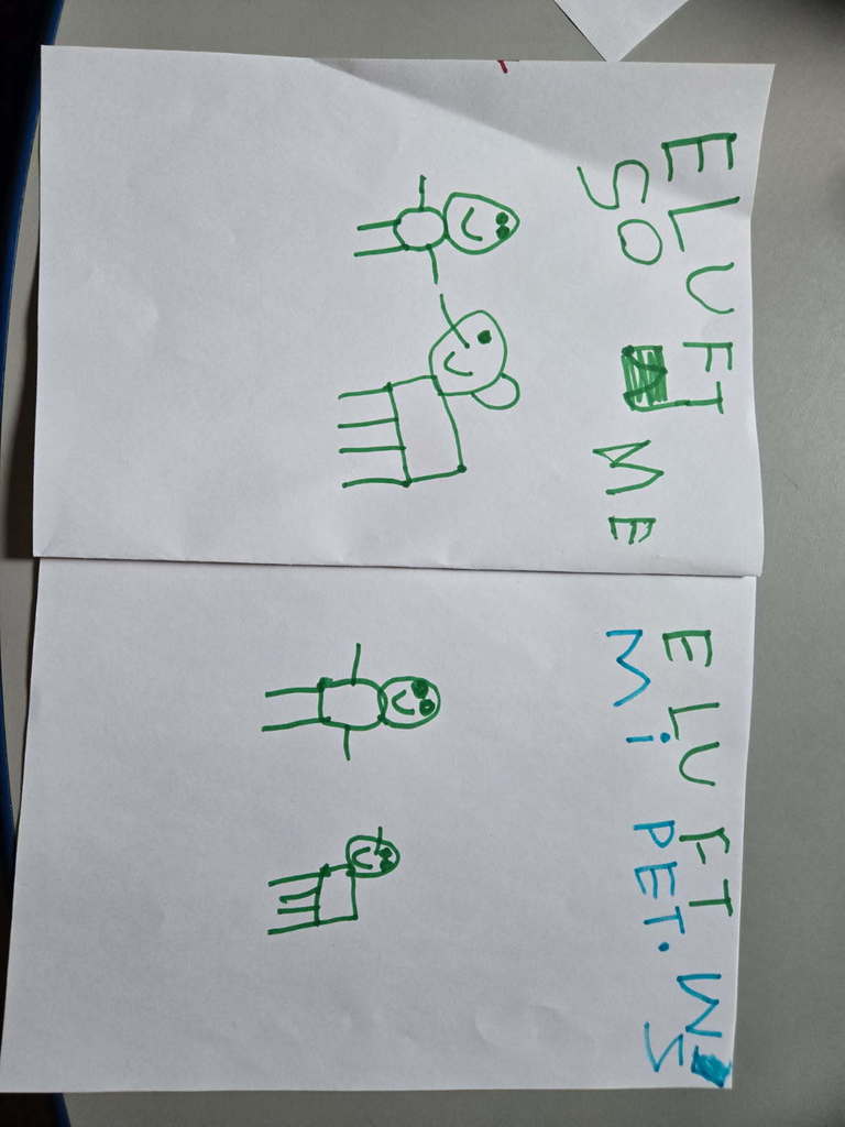 PreK Inventive Spelling of "Elephant saw me.  Elephant was my pet. "