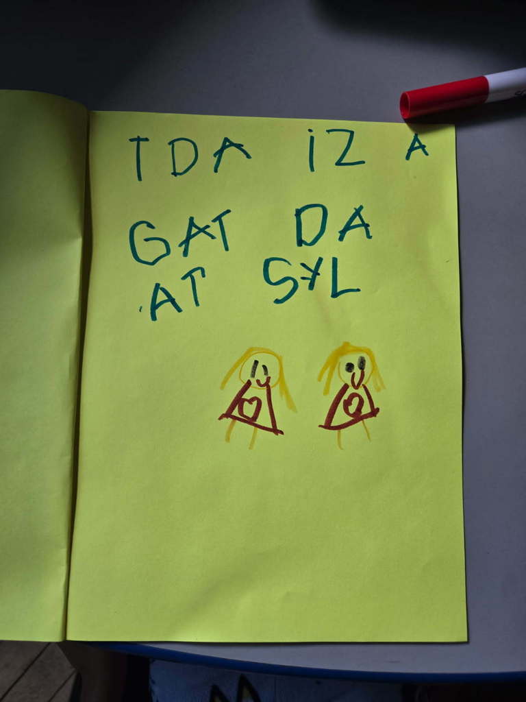 PreK Inventive Spelling of "Today is a good day at school".