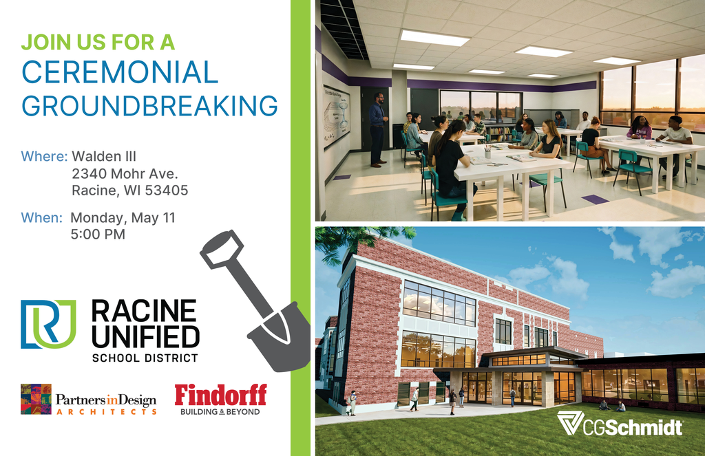 Walden III Groundbreaking Ceremony invite. Details are in the post's text. The invite includes a rendering of a renovated classroom and a rendering of a new entryway.