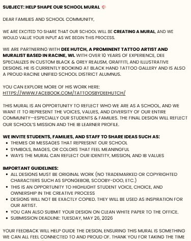 More detailed information about mural submission flyer to get ideas from our school community for our PYP mural.