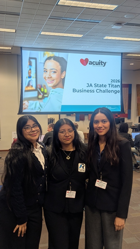 Today, Juliana Aburto, Gloria Cruz, and Jisela Vela all competed in the Junior Achievement Titan Business Challenge State Tournament in Sheboygan WI at the world headquarters of Acuity Insurance.  The students competed against 17 other teams from all over the state. In addition to the competition, the students were able to tour the Acuity headquarters, win prizes, and ride the Acuity Charity Ferris Wheel.   Thanks to Junior Achievement for putting on this great event!