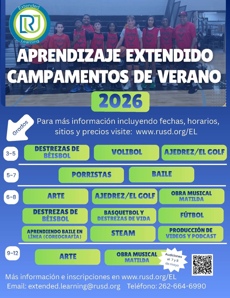 RUSD Extened Learning Summer Camps Spanish flyer (information is in the body of this post)