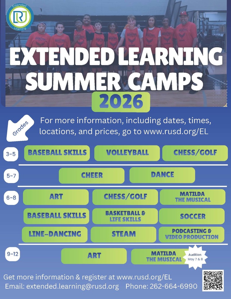 RUSD Extened Learning Summer Camps English flyer (information is in the body of this post)